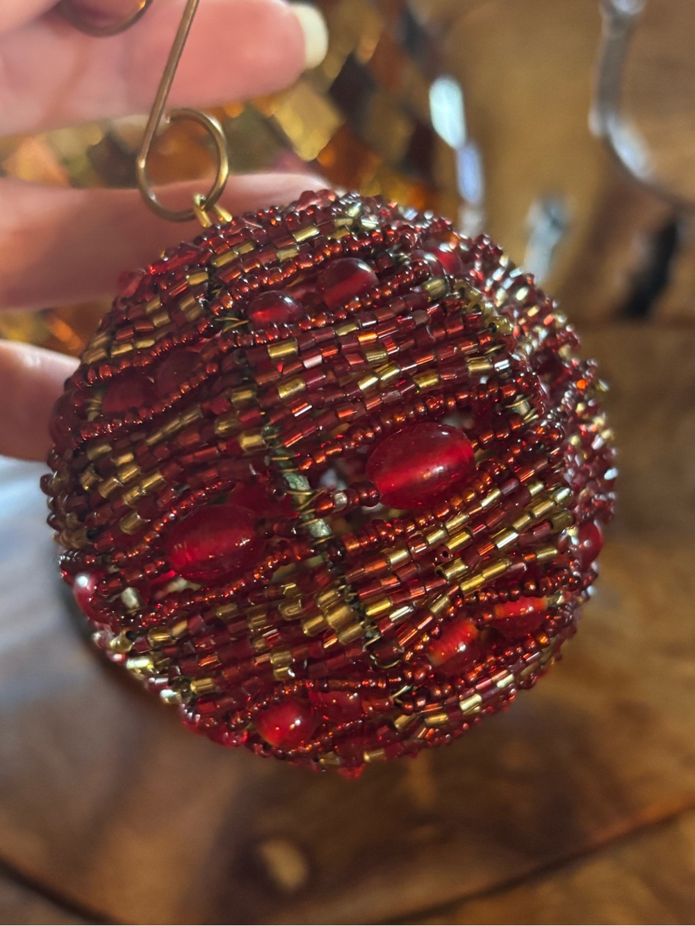 Handmade Beaded Christmas Ornament Red & Gold Glass Beads with Vintage Hook